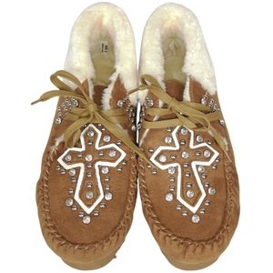 Montana West Brown Faux Suede Cross Moccasin Slippers with Rhinestones